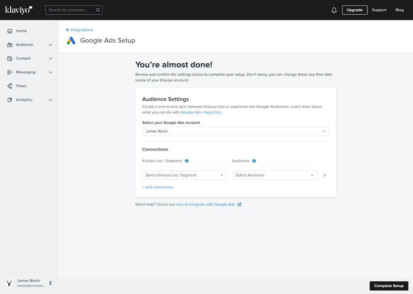 Google ads integration with Klaviyo screen to select which audiences to sync with Google Ads