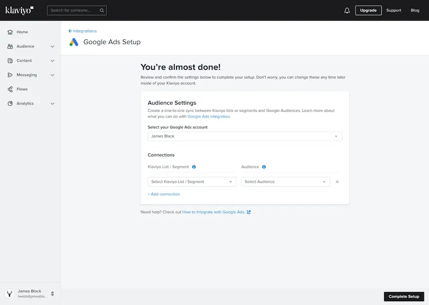 Google ads integration with Klaviyo screen to select which audiences to sync with Google Ads