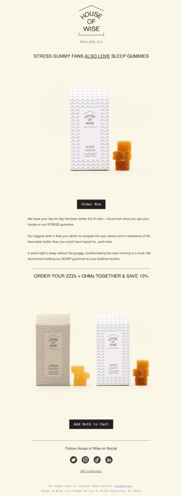 email from house of wise with sleep gummies