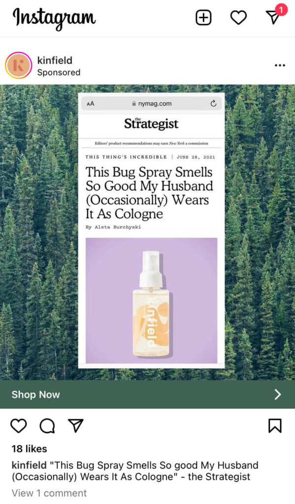Kinfield instagram ad earned media