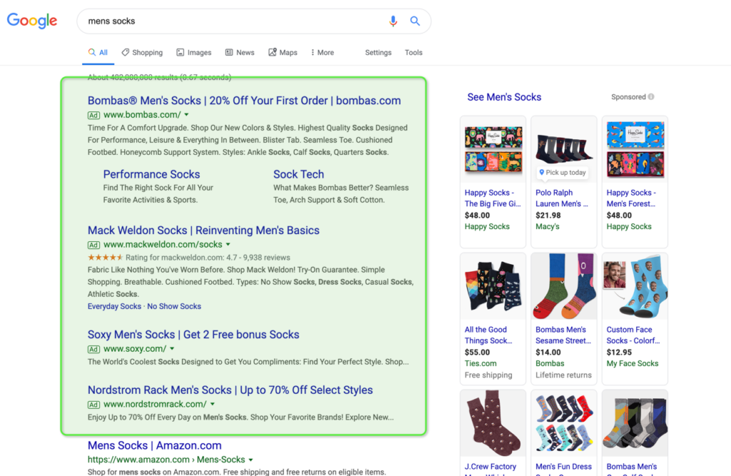mens socks google search paid ads