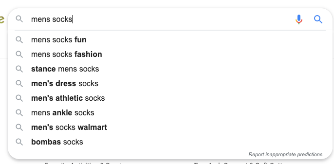 mens socks predictive search google