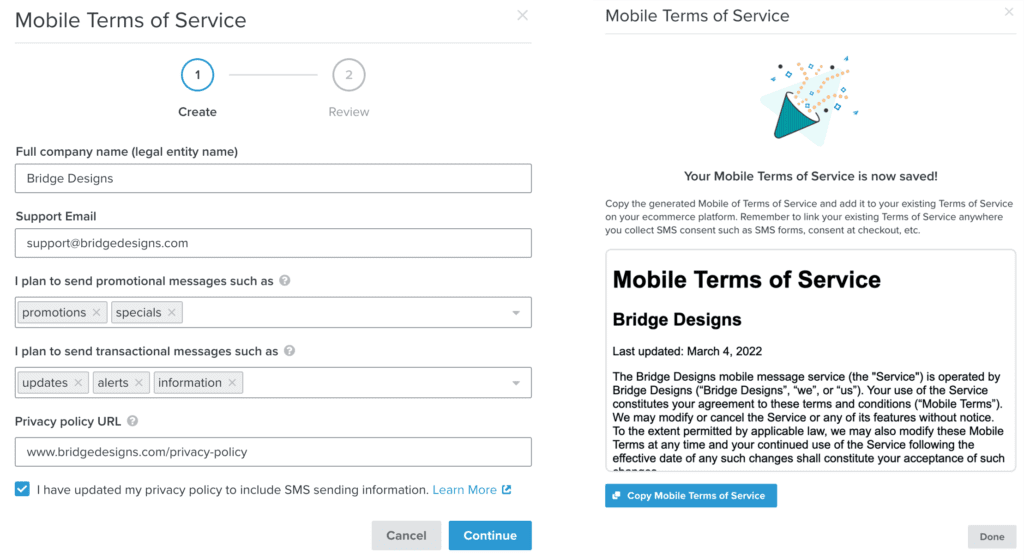 Mobile terms of service for SMS use
