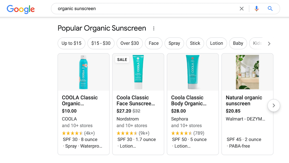 google search organic sunscreen Coola google shopping result