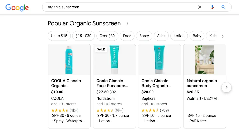 google search organic sunscreen Coola google shopping result