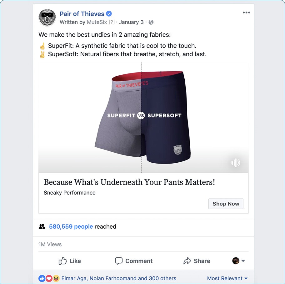 Screenshot of a Pair of Thieves Facebook ad