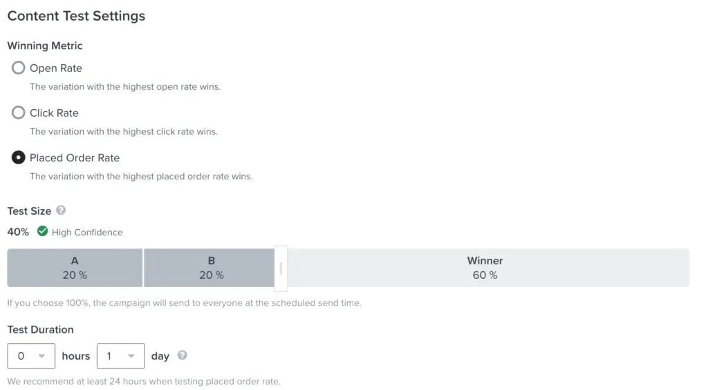 Screenshot of content test settings with "placed order rate" selected as the winning metric
