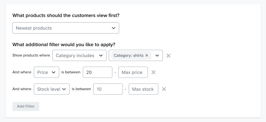 Apply customizable filters to rules based product recommendation feeds.