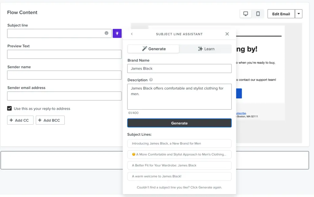 Flow content builder showing the subject line assistant tool with four recommended options