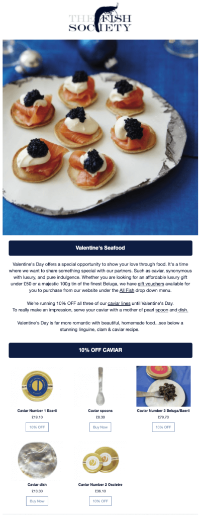 plate with crackers, salmon, and caviar above text in an email