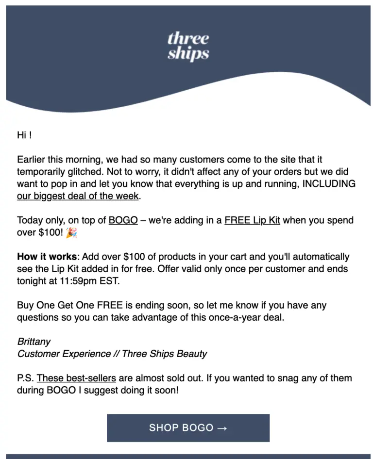 three ships bfcm promotional emails