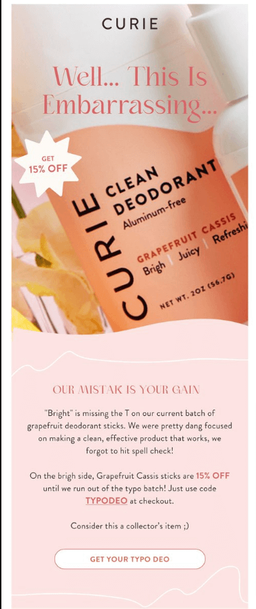 Image shows an email that offers a discount on a batch of deodorant that includes a typo.
