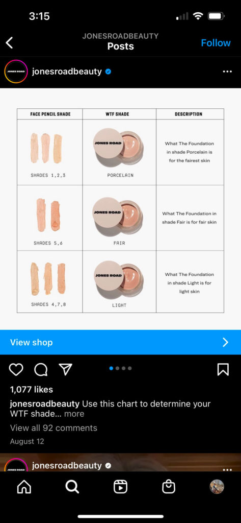 Image shows a Jones Road Beauty Instagram post that shows viewers a quiz to hopefully take them down a conversion path.