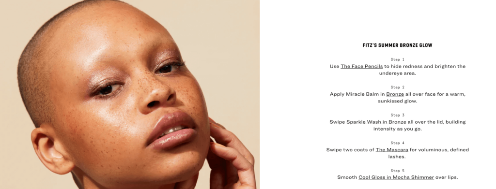 Image shows a person wearing makeup on the left, with instructions on how to get their look on the right.