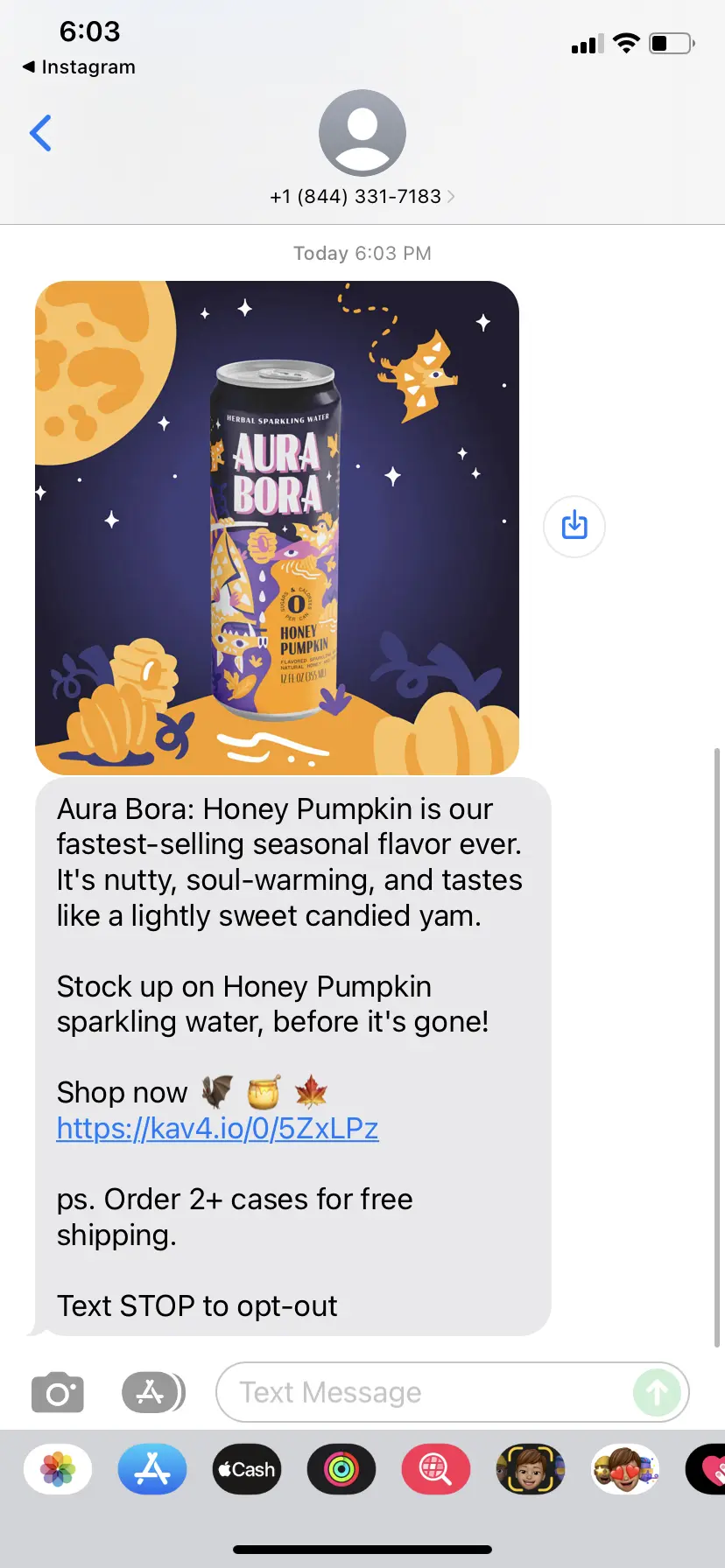 Text message from Aura Bora announcing limited edition flavor, Honey Pumpkin.