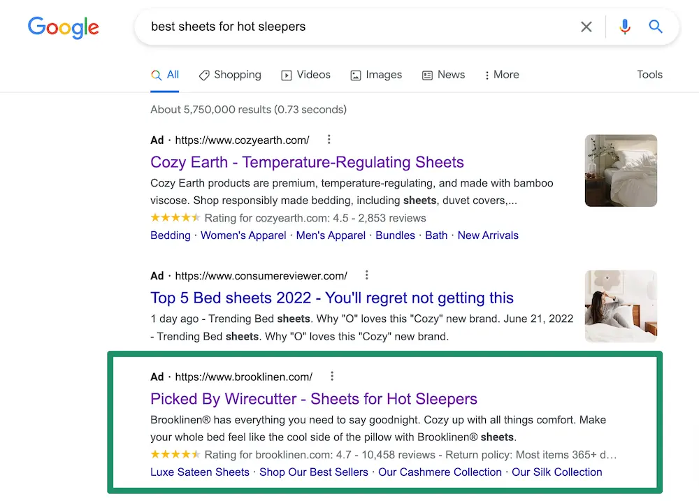 google searched for "best sheets for hot sleepers" comes up with a paid search ad for Brooklinen