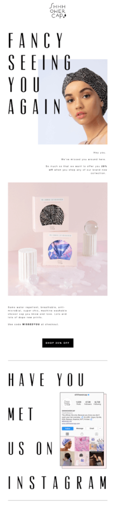 woman wearing a shower cap followed by blocks of product images