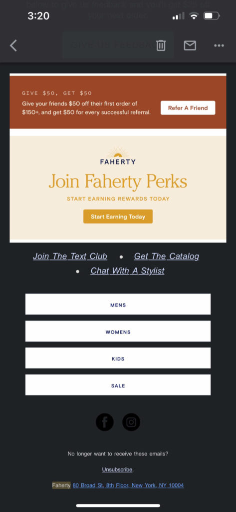 Image shows a loyalty email from the Faherty brand