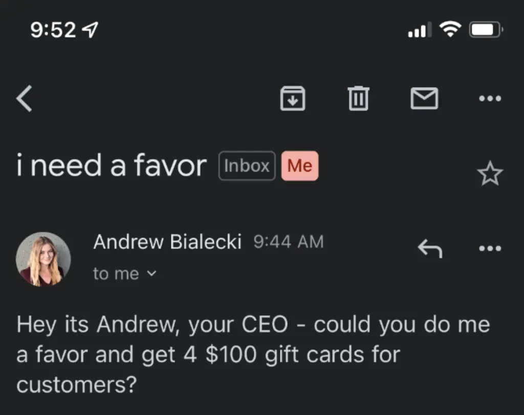 Image shows an email imitating Klaviyo CEO asking an employee to buy gift cards for customers.