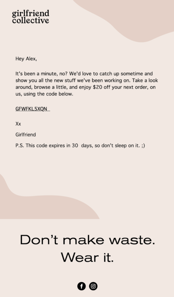 plain text email with a discount code over a mauve background