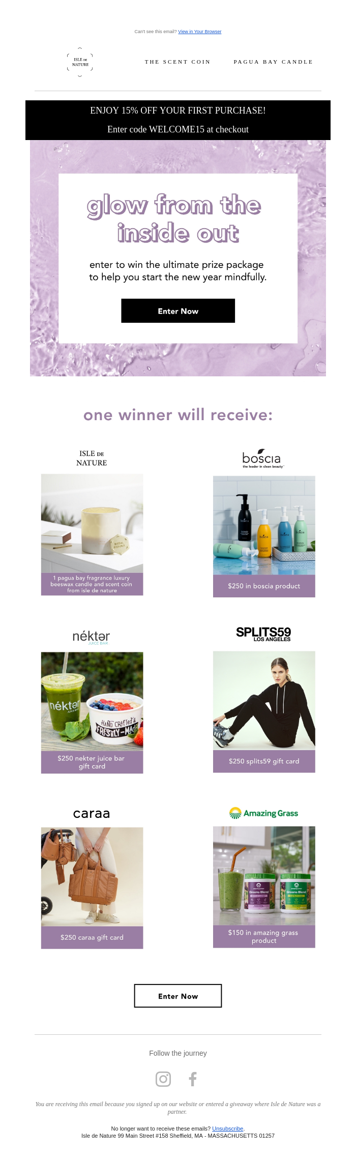 Example of ecommerce business Isle de Nature’s welcome email, which encourages subscribers to enter to win a prize package that will help them start the new year mindfully.