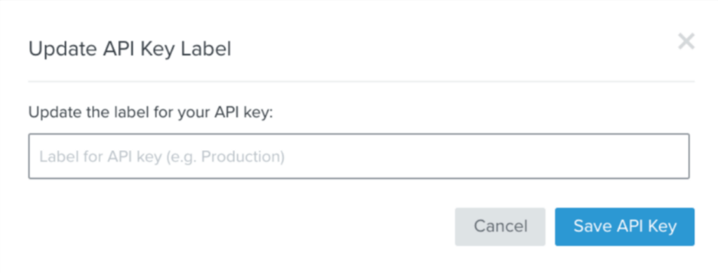 Image shows the screen where a user can update the API key label in Klaviyo