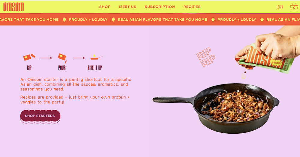 Omsom’s homepage makes use of bright yellow and orange colors, punchy copy, and collage-like design to convey the brand’s bold personality.