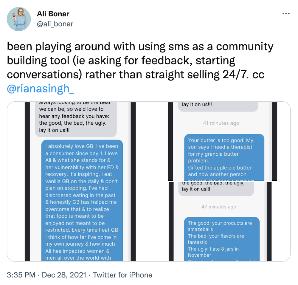 been playing around with using sms as a community building tool (ie asking for feedback, starting conversations) rather than straight selling 24/7