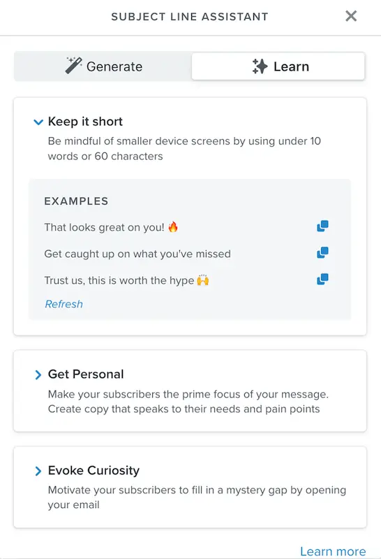 The learn tool within the subject line assistant showing best practices and examples