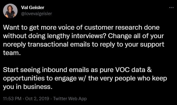Image shows a tweet with suggestions on how ecommerce businesses can address a customer’s follow-up questions after their purchase.