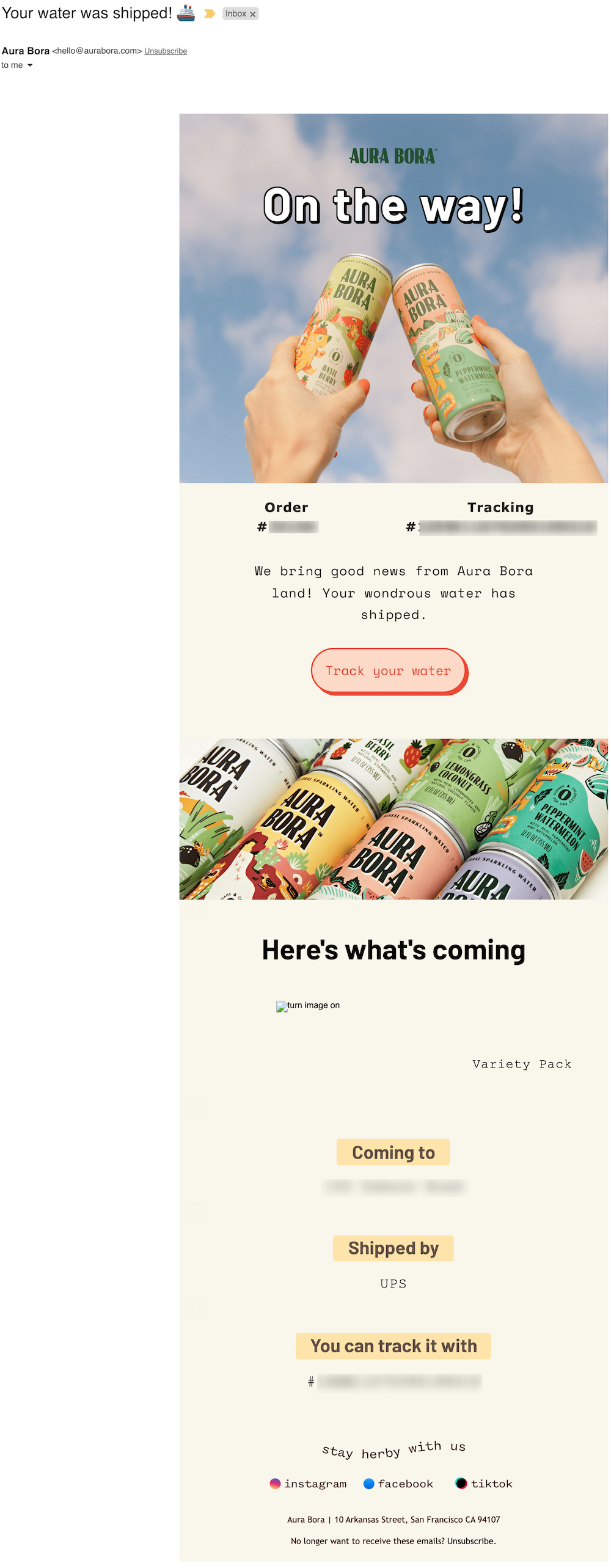 Aura Bora has eye-catching branding with specific colors, designs, typography, and copy. All these elements are woven into its shipping confirmation email, making it memorable.