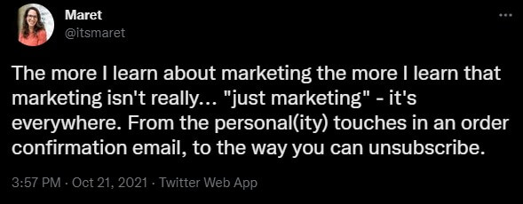 Image shows a tweet arguing that ecommerce platforms should express their brand’s personality consistently.