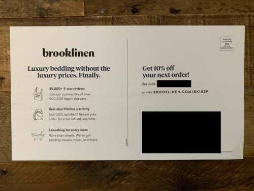 Brookline postcard back: Luxury bedding without the luxury prices. Finally. Get 10% off your next order.