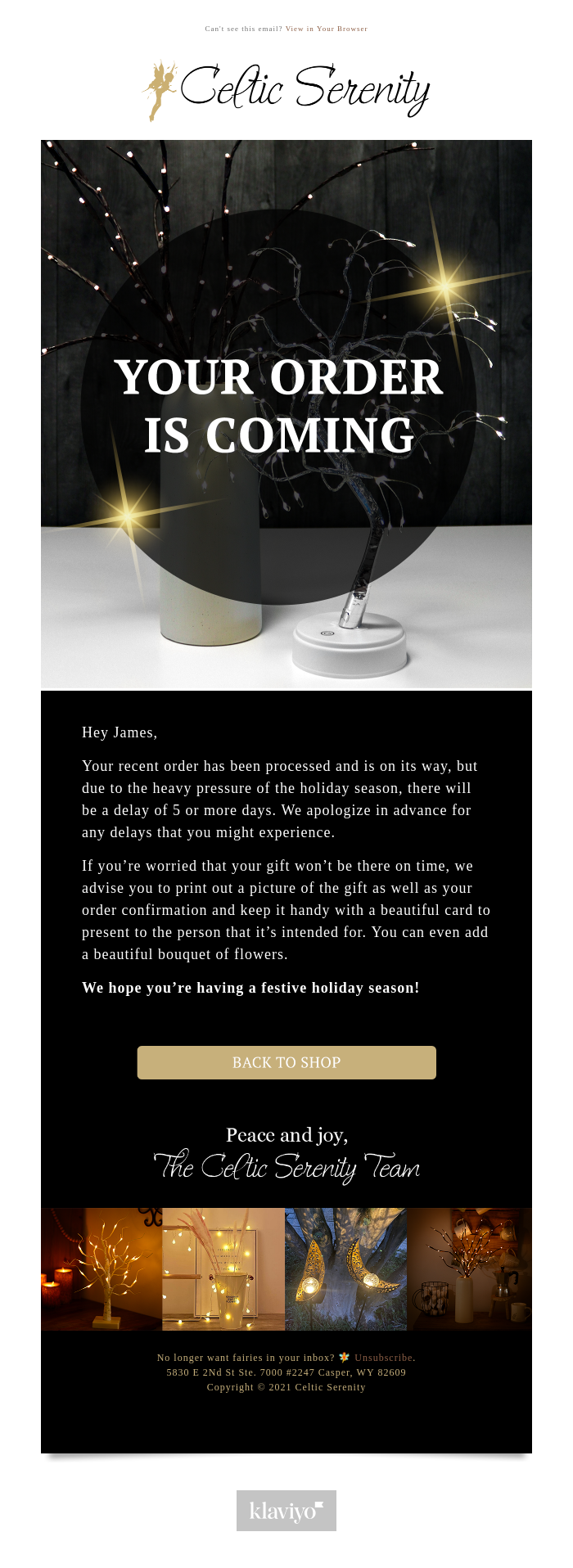 In this shipping confirmation email, they reassure the customer their order is on its way and offer an alternative idea—printing out a picture of the gift with the order confirmation and a card and flowers—in case it doesn’t arrive in time for the holiday.