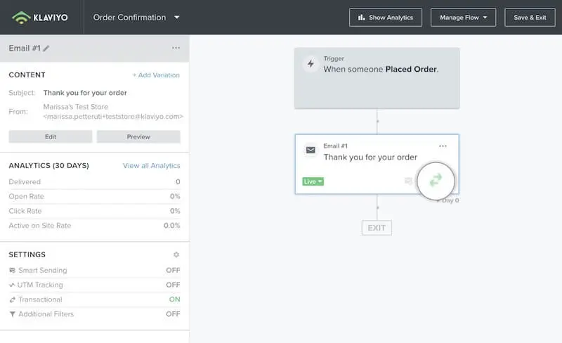 Image shows the Klaviyo dashboard for setting up an order confirmation email triggered by a customer’s order.