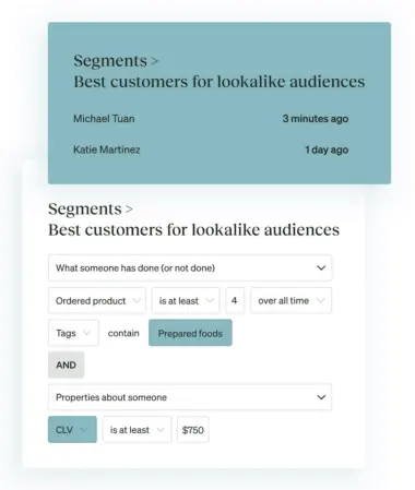 Image shows an example of a Klaviyo segment that includes customers who have ordered a specific product at least 4x and have spent at least $750.