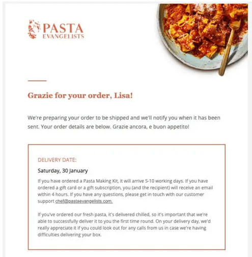 Pasta Evangelists’ email design reflects the brand’s personality.