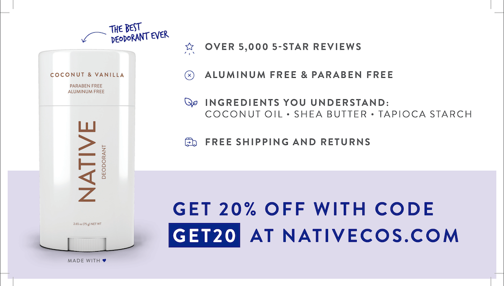 Native deodorant direct mail. 20% off and image of deodorant. 