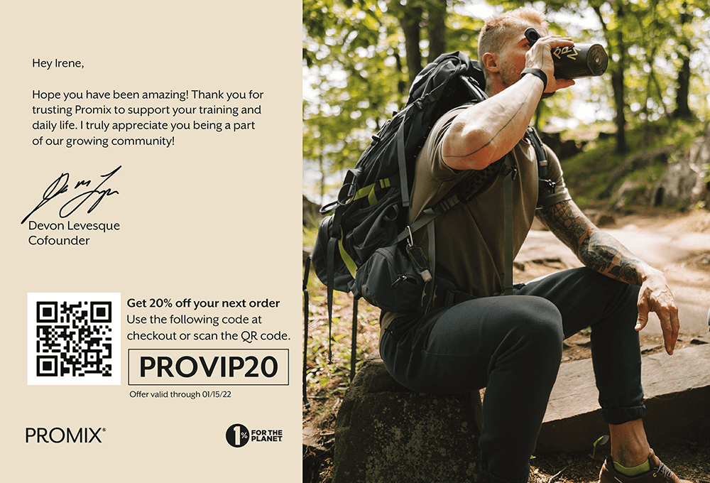 Promix postcard back. Image of backpacker drinking from thermos and note from founder.