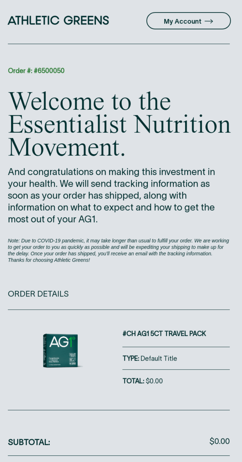 Athletic Greens’ order confirmation email conveys a positive message.