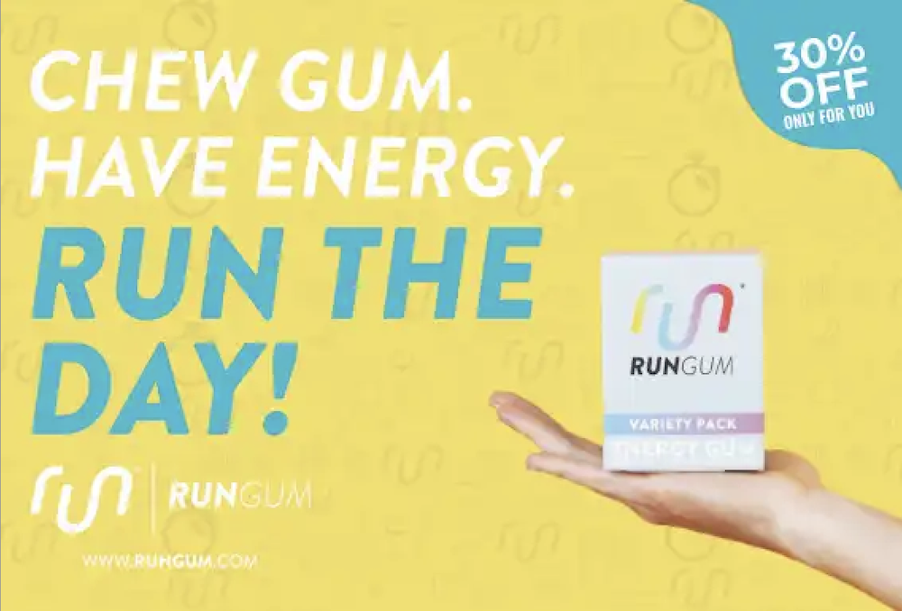 RunGum direct mail text: Chew gum. Have energy. Run the day! Image of gum product.