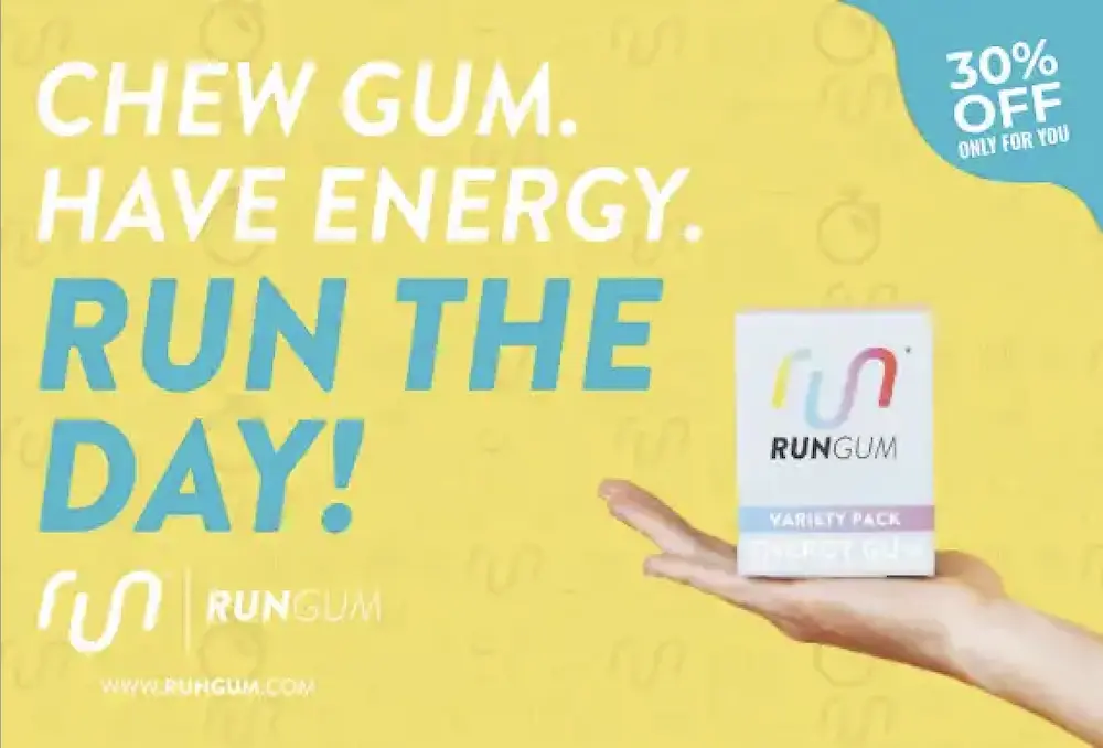RunGum direct mail text: Chew gum. Have energy.  Run the day! Image of gum product.
