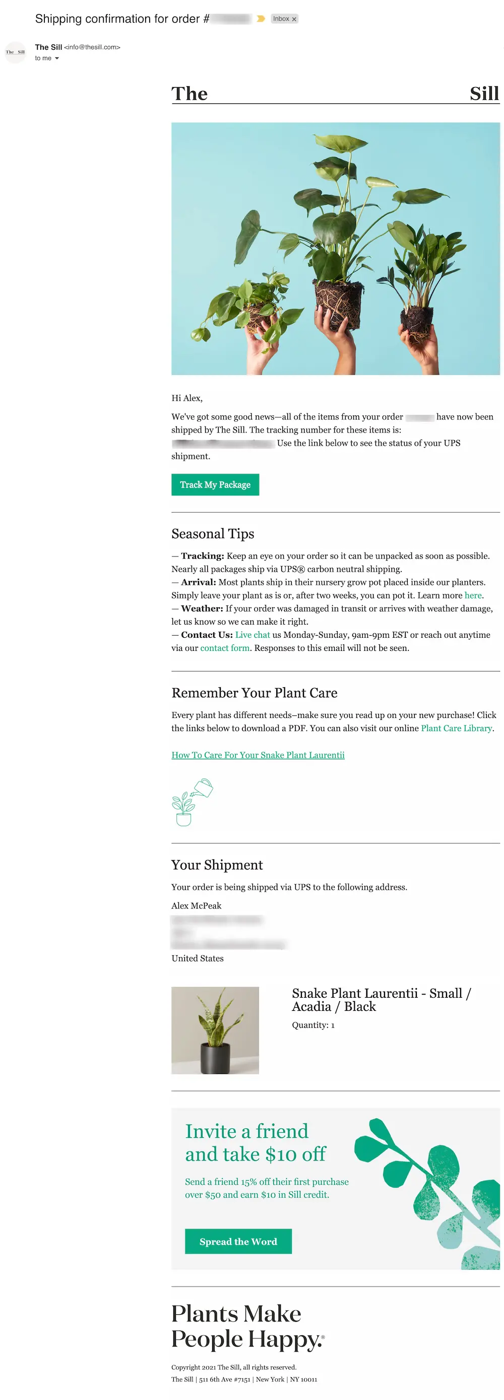 The Sill is aware that every plant is specific, so they include a downloadable PDF with tailored care instructions for the customer's purchased plant with an image of the product at the same time they notify the customer that their order is on its way.