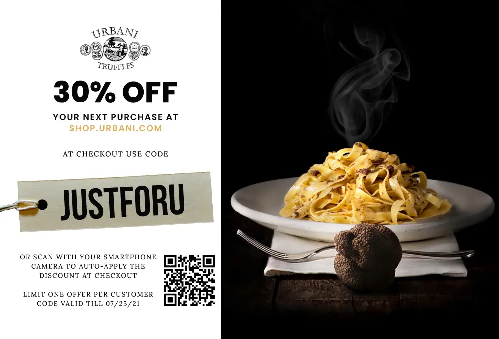 Urbani Truffles postcard 30% off your next purchase. Image of pasta and truffle.