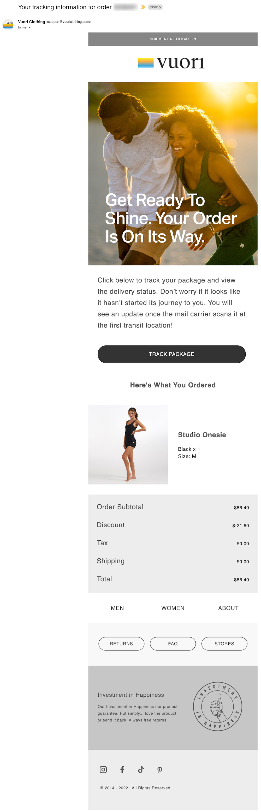 Vuori notifies customers about their recent purchases by including an image of what they bought and adding product information such as color, size, and price.