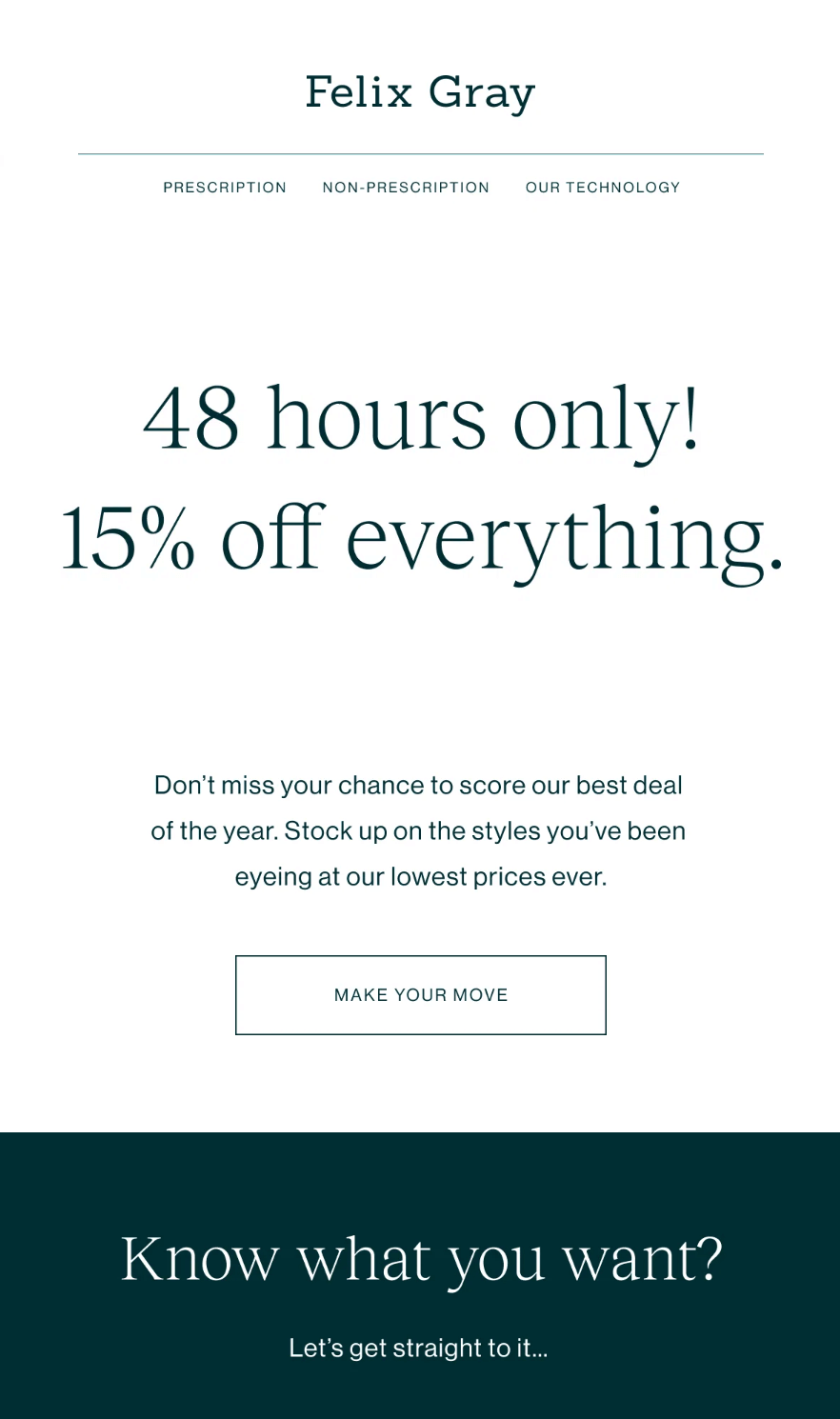 Image shows a holiday email from Felix Gray offering 15% off everything.