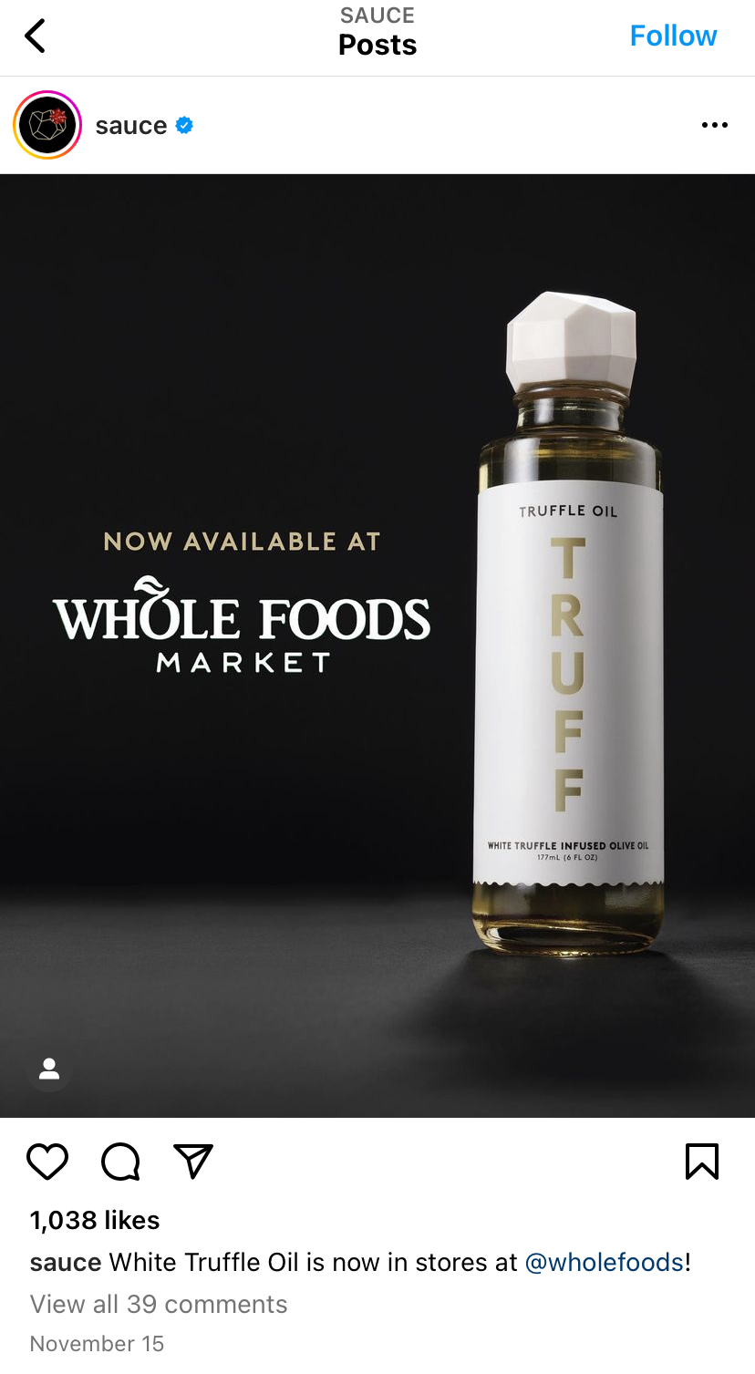 Instagram post from TRUFF announces their truffle oil is available at Whole Foods.