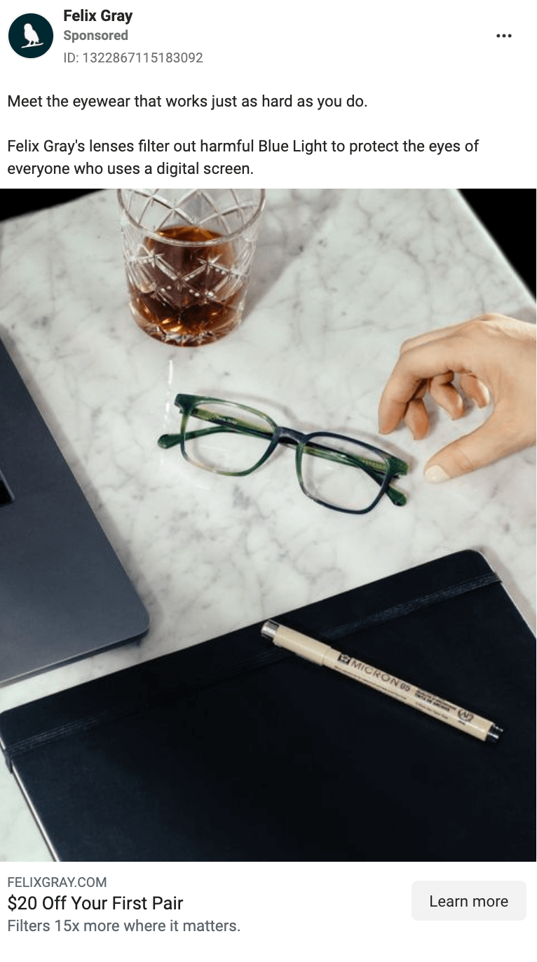 Image shows an Instagram from Felix Gray advertising “eyewear that works just as hard as you do.”