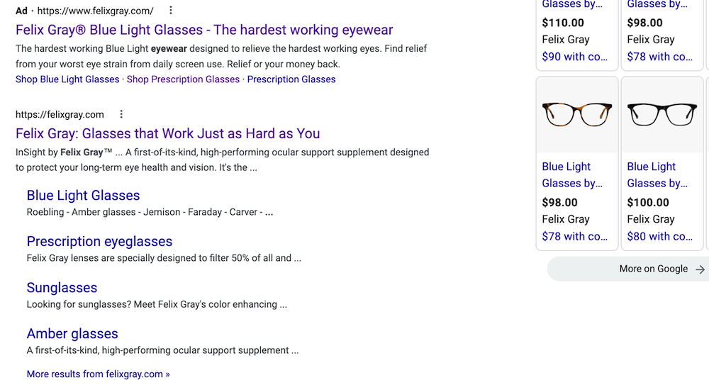 Image shows a Google search result page for “Felix Gray.”