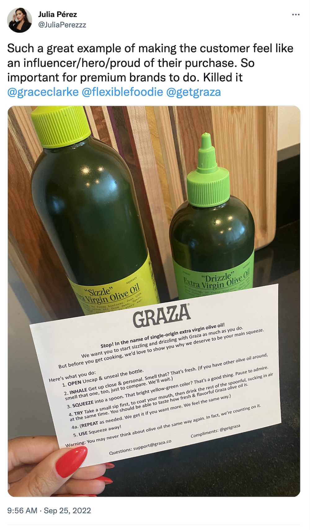 Such a great example of making the customer feel like an influencer/hero/proud of their purchase. So important for premium brands to do. Killed it @graceclarke @flexiblefoodie @getgraza

Image includes Graza olive oil and an insert that educates the customer on how to get the best use out oft he product.